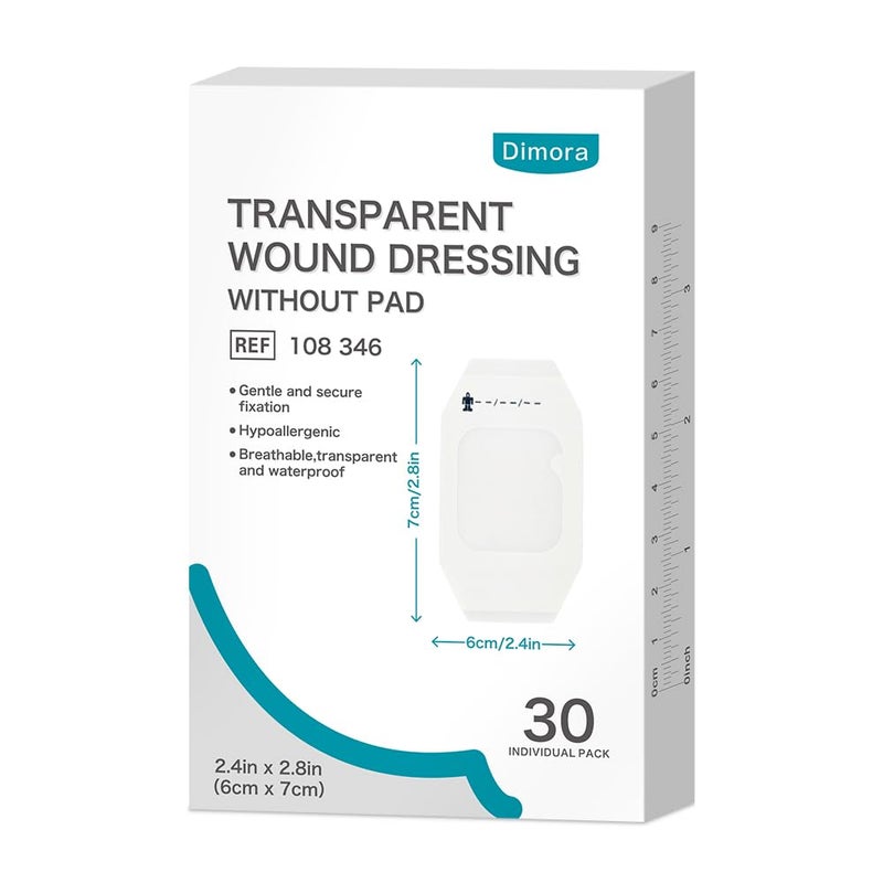 Dimora Transparent Film Dressing 6 cm x 7 cm, 30 pcs, Clear Bandage Tape for Wound Care, Adhesive Post Surgical Cover Padï¼Œfor IV Shield, Tattoo Aftercare, Shower Protector